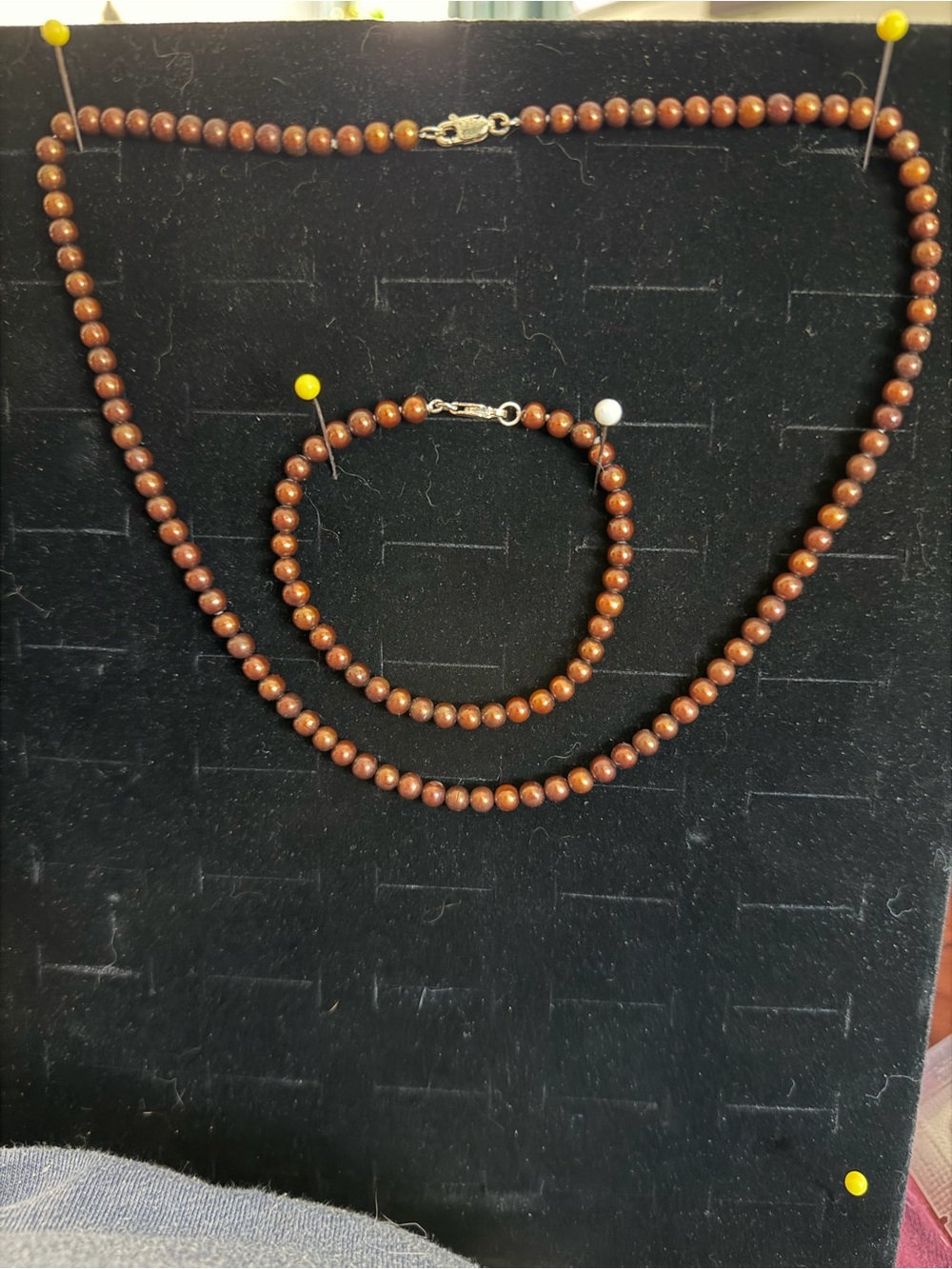 Copper Bronze Freshwater Pearl Set Hand-Knotted 18.5” Necklace & Bracelet 5-6mm